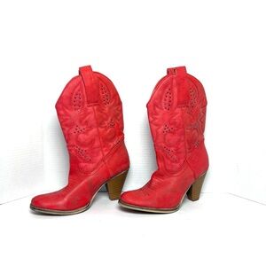 Very Volatile Red Cowboy Boots Studded Distressed Western Festival Cowgirl Rodeo